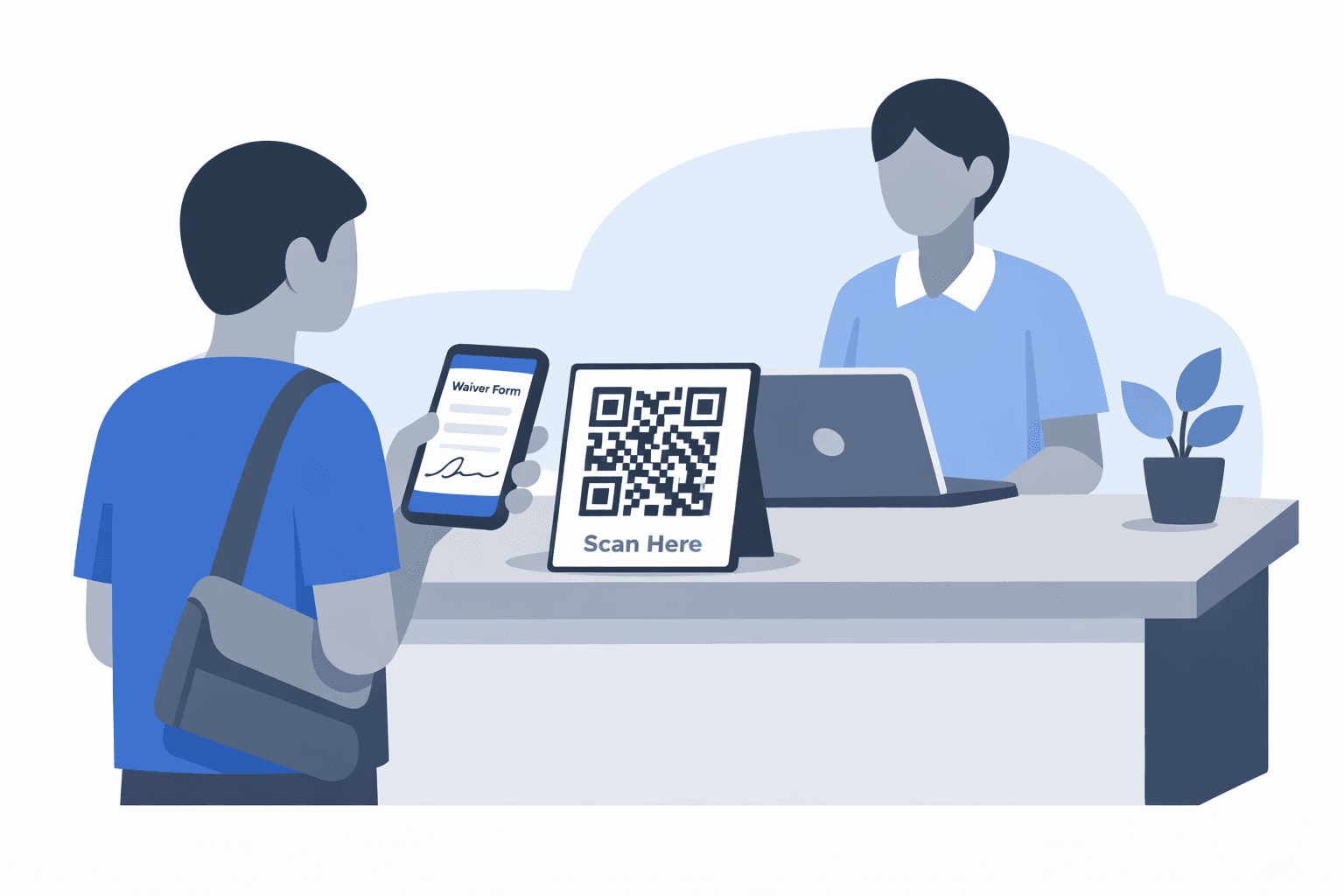 Customer scanning a QR code at a front desk to sign a digital waiver